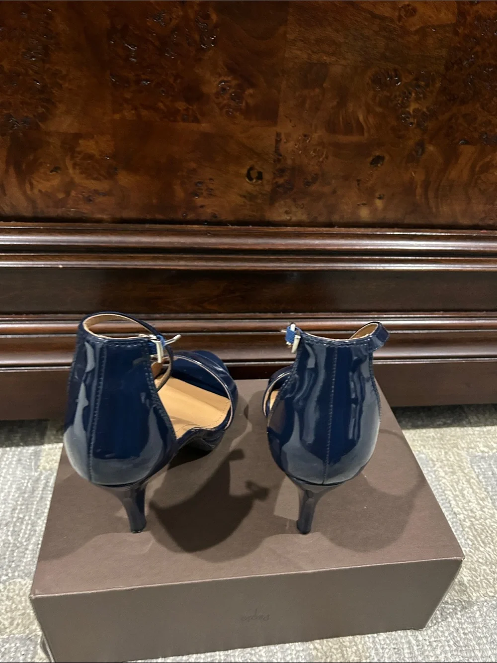 Navy Patent Leather Ankle-Strap Heels